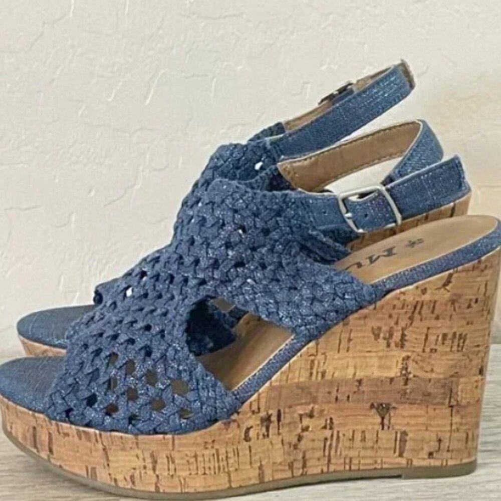 Mudd Wedge Sandal 9 1/2 Festival Blue Denim Silver Woven Cork Platform NWOT